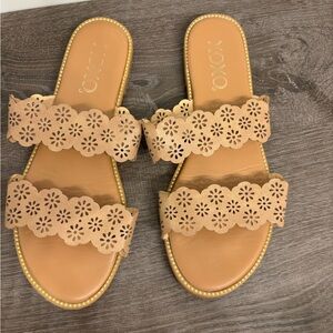 XOXO Tan Sandals with Lace Pattern Slip-On Design